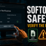 Softonic safety check focused on publisher, version, file signature, and APK permissions