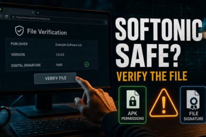 Softonic safety check focused on publisher, version, file signature, and APK permissions