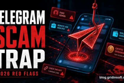 Telegram scam trap poster with fake admin, wallet verification, crypto giveaway, and job scam warnings.