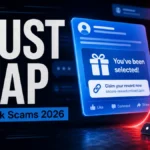 Trust Trap Facebook scams 2026 poster with a fake reward link and phishing hook.