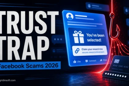 Trust Trap Facebook scams 2026 poster with a fake reward link and phishing hook.