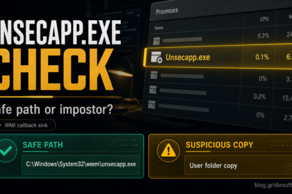 Unsecapp.exe safety check showing the legitimate System32 wbem path and a suspicious user-folder copy.