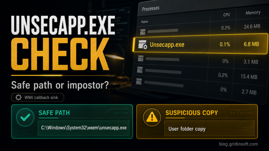 Unsecapp.exe safety check showing the legitimate System32 wbem path and a suspicious user-folder copy.
