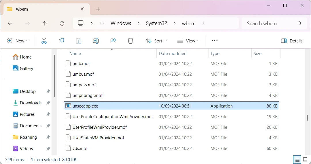 Legitimate Unsecapp.exe file location in the Windows System32 wbem folder
