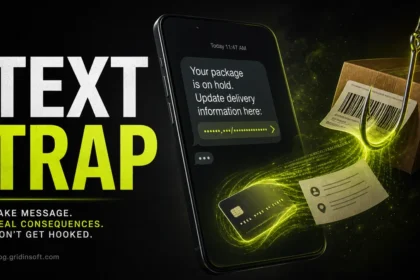 USPS scam text warning poster with a fake delivery message pulling payment and address details into a digital hook.