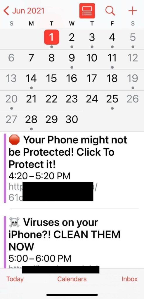 iPhone Calendar spam events that imitate virus warnings.