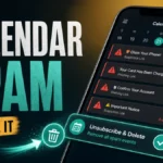 iPhone Calendar spam removal poster with unsubscribe and delete action highlighted.