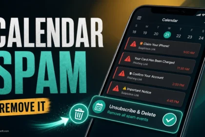 iPhone Calendar spam removal poster with unsubscribe and delete action highlighted.