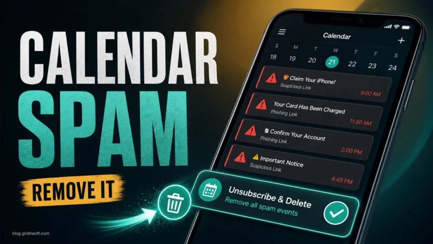 iPhone Calendar spam removal poster with unsubscribe and delete action highlighted.
