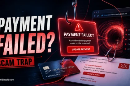 Fake payment failed alert shown as a phishing trap for card details.