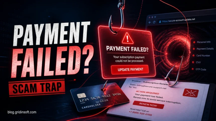 Fake payment failed alert shown as a phishing trap for card details.