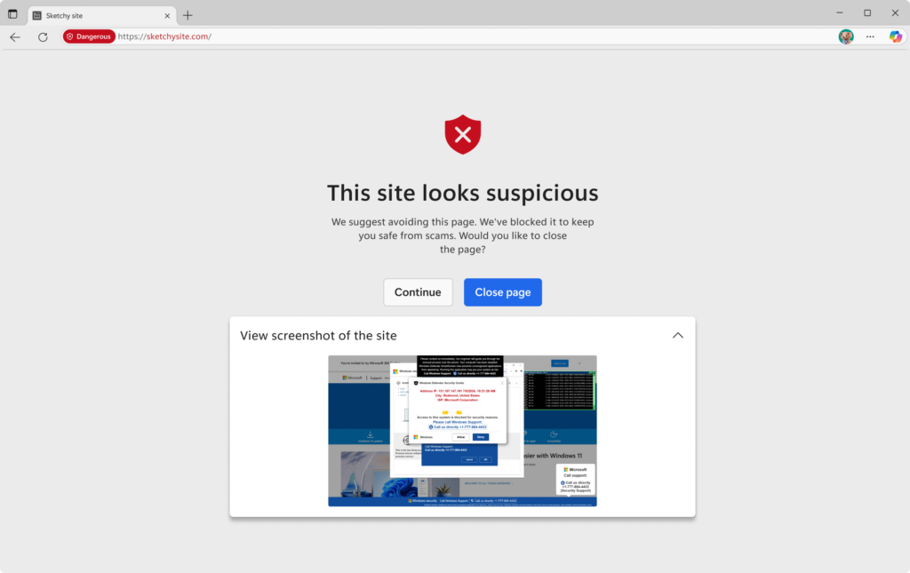 Windows Defender Security Center Scam: Remove the Fake Alert 2 Microsoft Edge scareware blocker showing a fake security support alert.