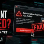 Fake Norton payment failed pop-up with a warning not to click.