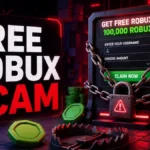 Free Robux scam trap with a fake reward form locked by chains