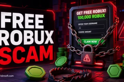 Free Robux scam trap with a fake reward form locked by chains