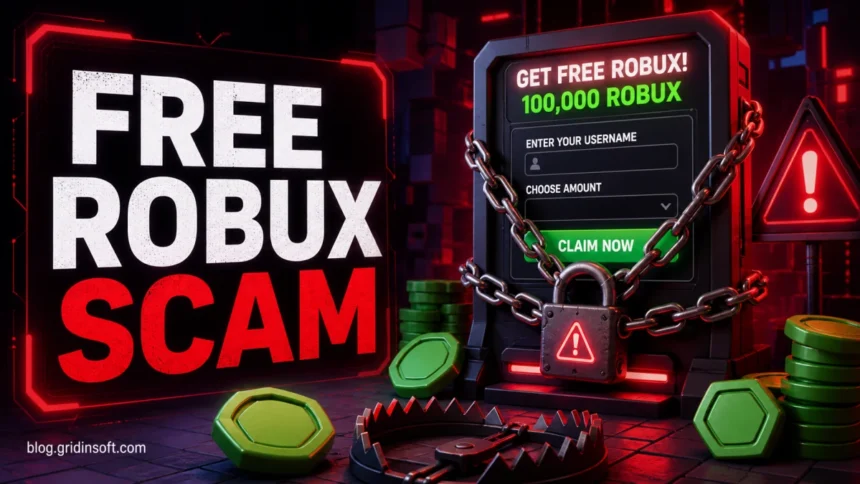Free Robux scam trap with a fake reward form locked by chains