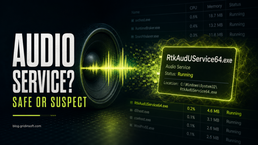 What Is RtkAudUService64.exe? Safe Realtek Service or Malware? 1 Editorial poster showing an audio waveform and RtkAudUService64.exe process card.