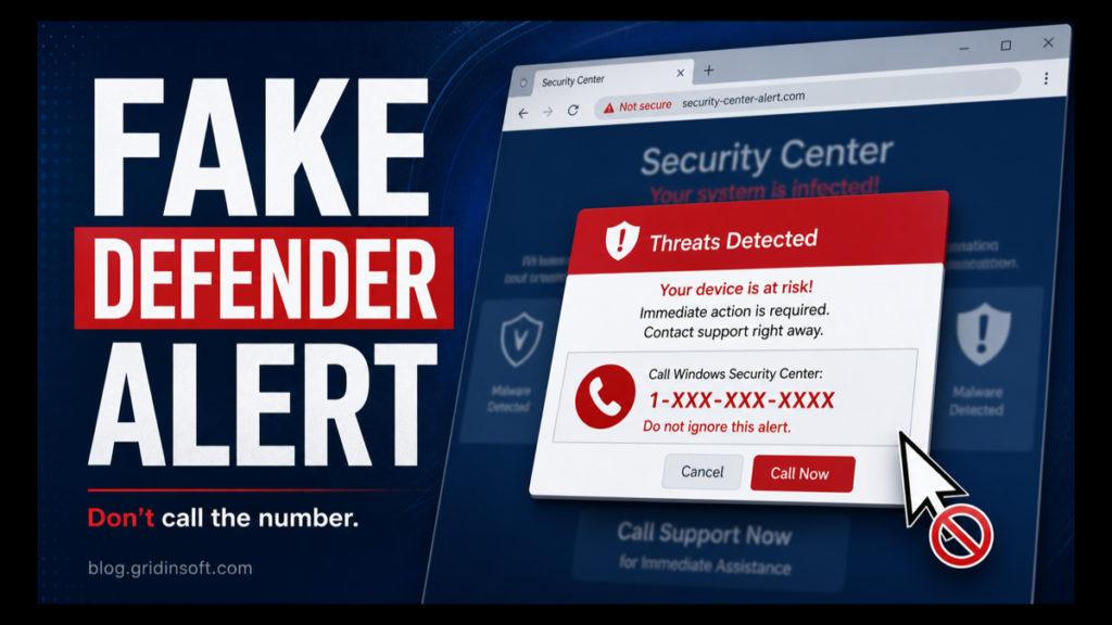 Fake Windows Defender Security Center alert poster with a warning not to call the number.