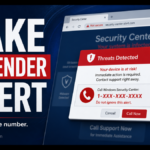 Fake Windows Defender Security Center alert poster with a warning not to call the number.