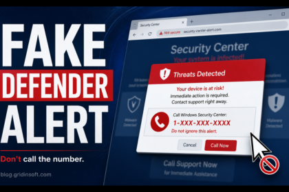 Fake Windows Defender Security Center alert poster with a warning not to call the number.
