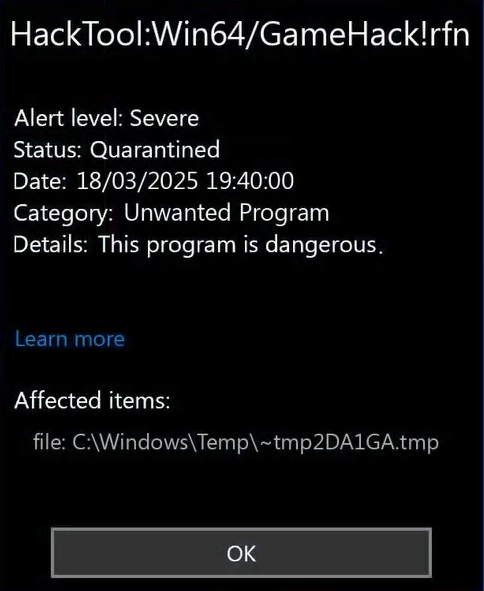 Microsoft Defender alert showing HackTool:Win64/GameHack!rfn detected and ready for action