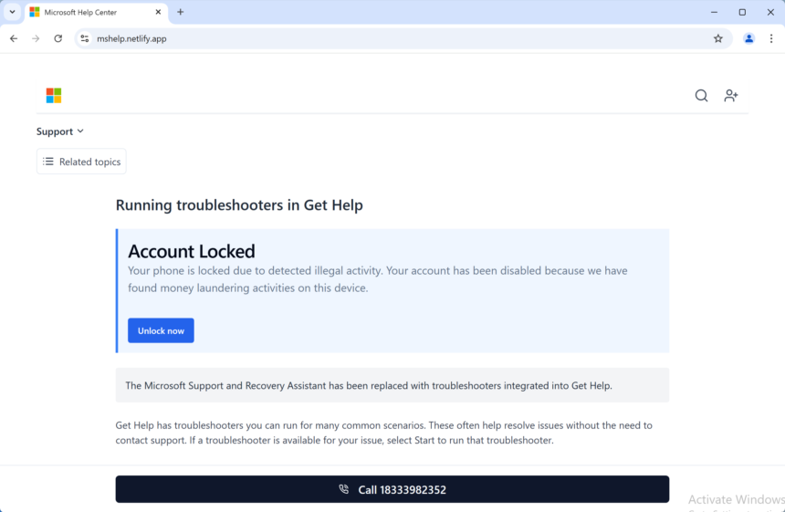 Microsoft Account Locked fake browser page screenshot