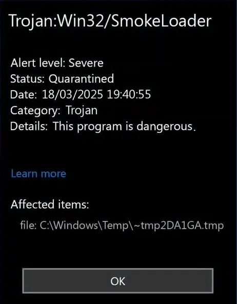 Trojan:Win32/SmokeLoader: Complete Detection and Removal Guide 2026 2 Trojan:Win32/SmokeLoader detection popup