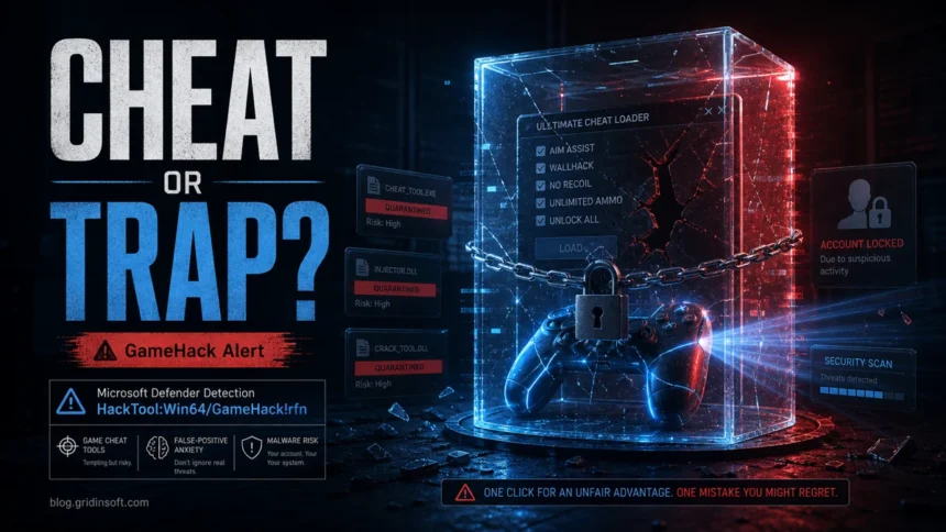 Game cheat trapped as HackTool:Win64/GameHack!rfn security alert.