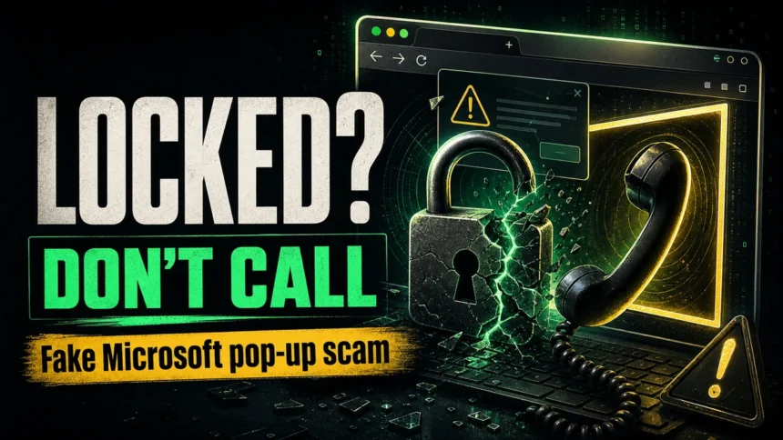 Fake Microsoft Account Locked pop-up scam poster: Locked? Don’t Call