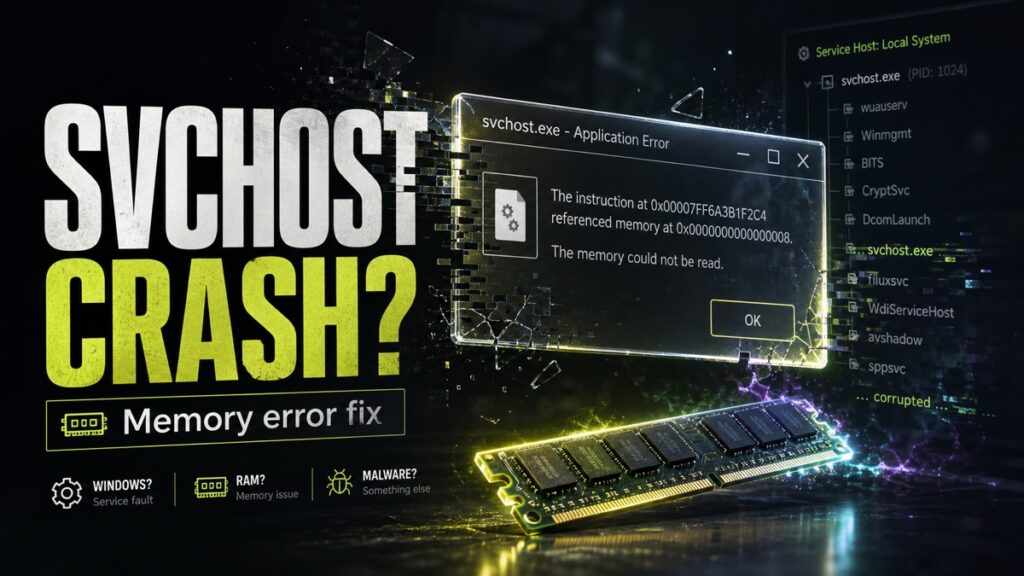 SVCHOST CRASH memory error fix poster with a Windows service error dialog and RAM module.