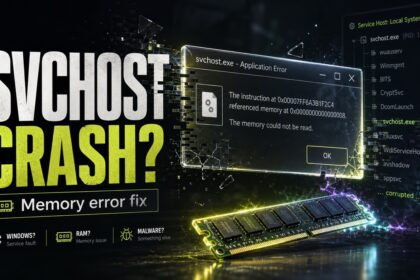 SVCHOST CRASH memory error fix poster with a Windows service error dialog and RAM module.
