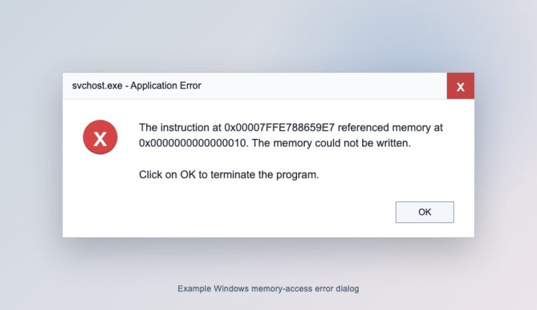 Example svchost.exe Application Error dialog saying the memory could not be written.