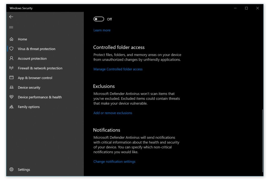 Windows Security Add or remove exclusions screen