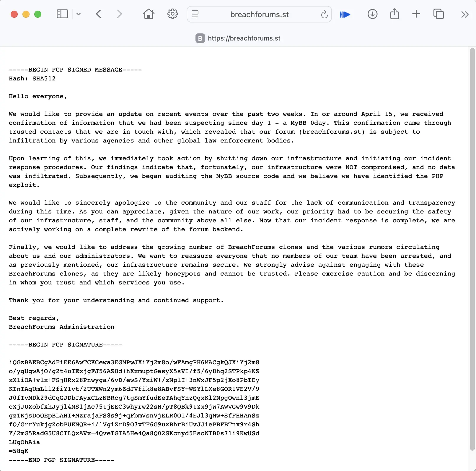 BreachForums is Down, Admins Posted a PGP-Signed Message 2 BreachForums mainpage