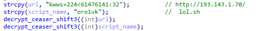 Code snippet showing implementation of Caesar cipher in GorillaBot malware