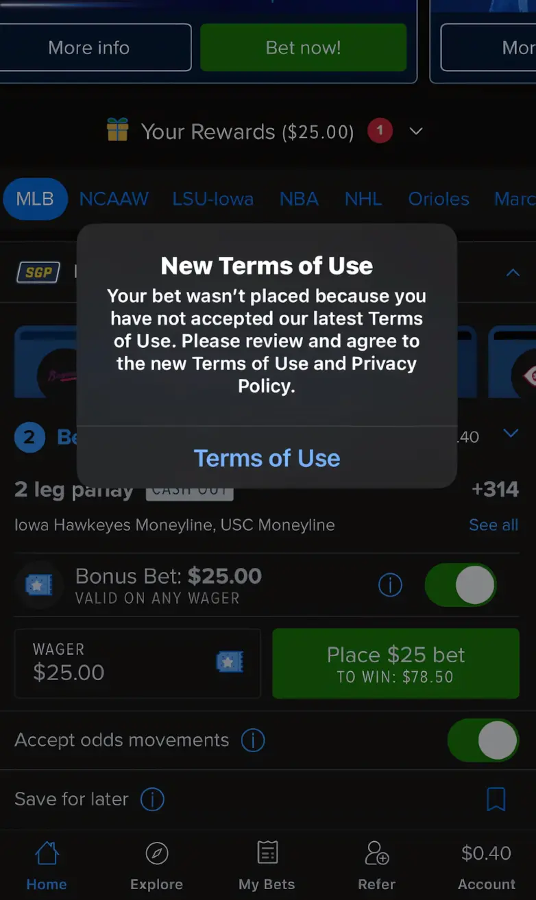 Online Betting Scams: Payout Traps, Fake Apps and Fixed Matches 2 Terms and Conditions screenshot showing hidden clauses that permit a fake betting app to retain all customer funds