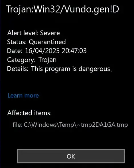 Microsoft Defender detection for Trojan Win32 Vundo gen D