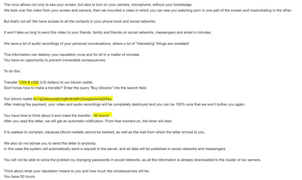 We Hacked Your System email scam example