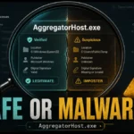 AggregatorHost.exe safe or malware check with System32, Microsoft signature, and suspicious copy warning signs.