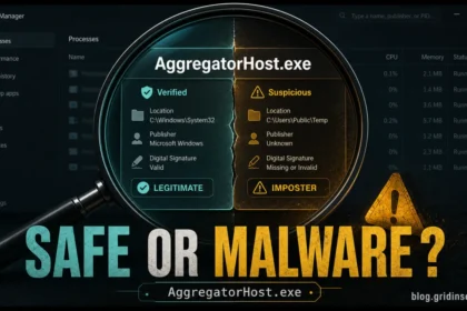 AggregatorHost.exe safe or malware check with System32, Microsoft signature, and suspicious copy warning signs.