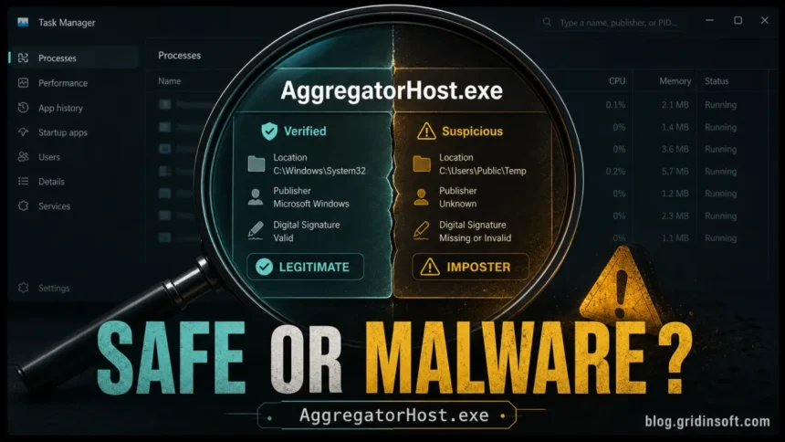 AggregatorHost.exe safe or malware check with System32, Microsoft signature, and suspicious copy warning signs.