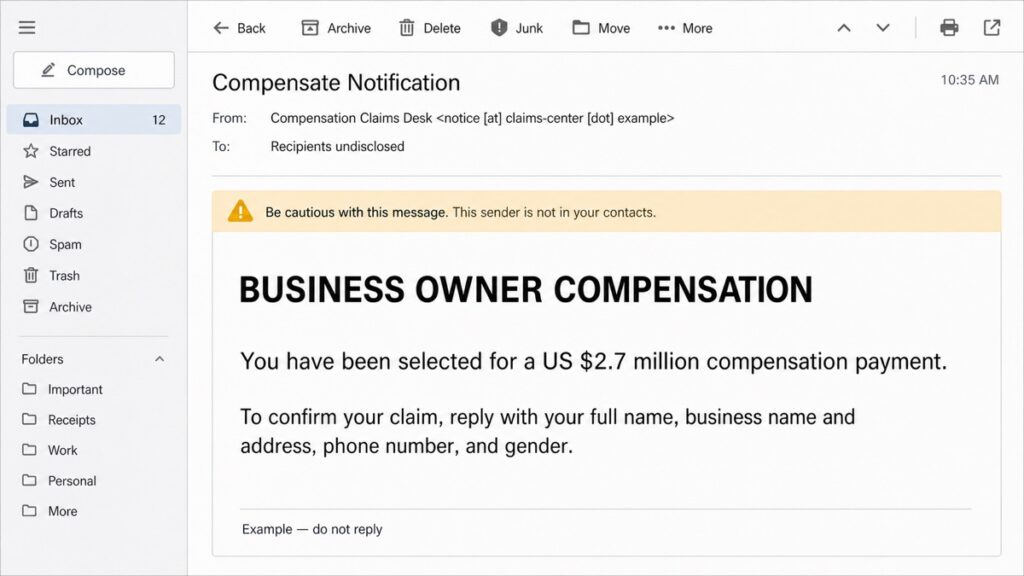 Fake Business Owner Compensation email promising $2.7 million and asking for personal details