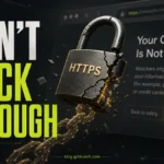 Cracked HTTPS lock warning with DON'T CLICK THROUGH text for a connection privacy error guide.