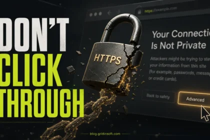 Cracked HTTPS lock warning with DON'T CLICK THROUGH text for a connection privacy error guide.