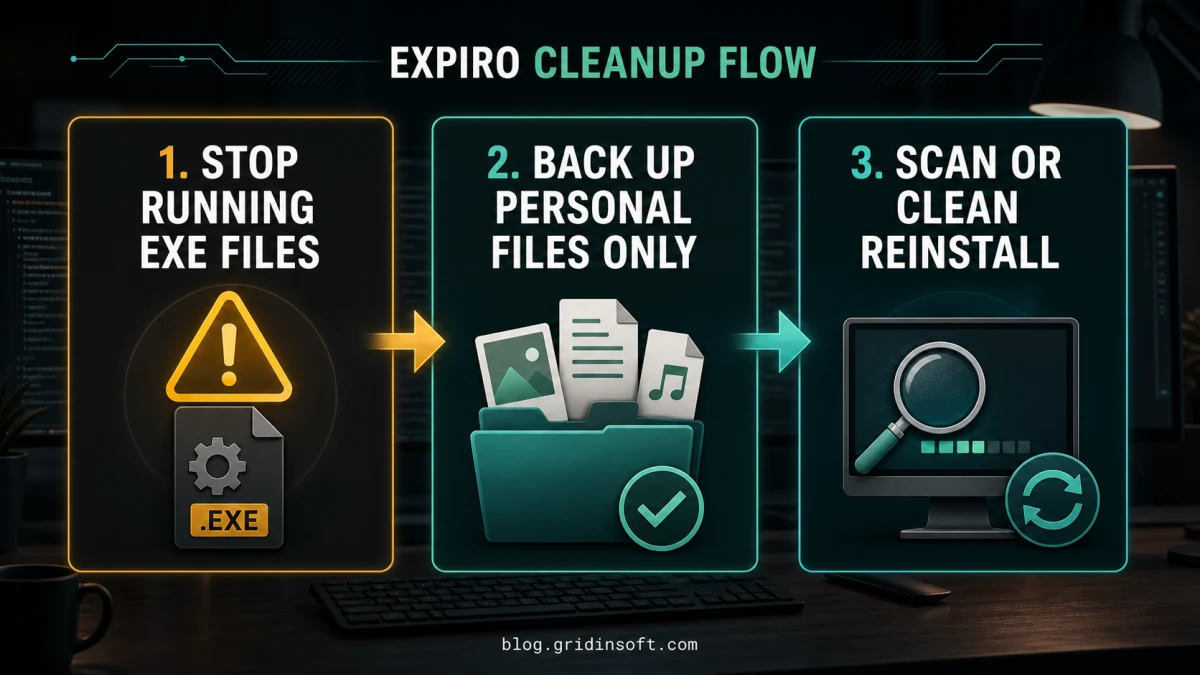 Expiro cleanup flow diagram showing executable stop, personal file backup, scan or clean reinstall