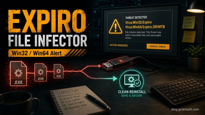 Expiro file infector alert with Win32 and Win64 cleanup decision