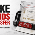 Fake funds transfer email warning showing a scam transfer document asking for personal details.