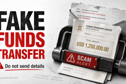 Fake funds transfer email warning showing a scam transfer document asking for personal details.