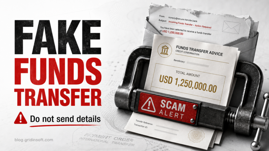 Fake funds transfer email warning showing a scam transfer document asking for personal details.