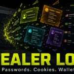 Stealer Logs poster showing stolen passwords, cookies, tokens, and wallets from an infected laptop.